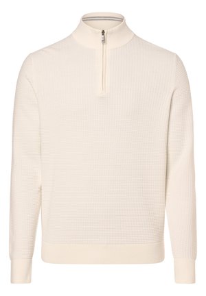 Cream colored pullover with a textured, ribbed design, featuring a high collar and a quarter zip at the neck. Long sleeves with ribbed cuffs.