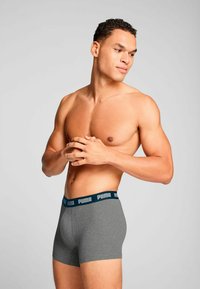 Gray boxer shorts with a blue waistband featuring the "PUMA" logo. The fabric appears smooth, fitting closely to the body.
