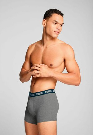 Gray boxer shorts with a blue waistband featuring the "PUMA" logo. The fabric appears smooth, fitting closely to the body.