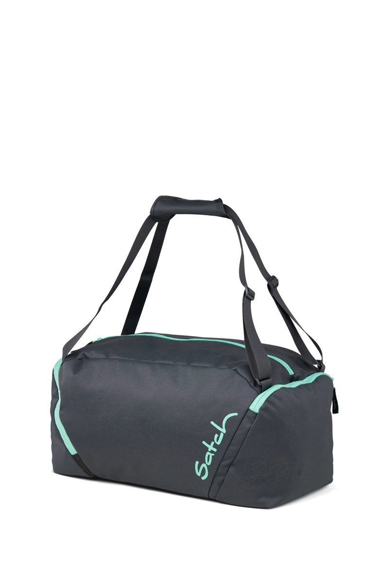 Duffle Bag aus dunkelgrauem Stoff mit mintgrünen Akzenten. Verfügt über zwei Griffe, einen Reißverschluss und ein seitliches Logo. Glatte Textur.