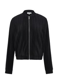 Veste bomber noire en tissu plissé, avec une fermeture éclair à l'avant, des poignets côtelés et un col rond. Design simple et élégant.
