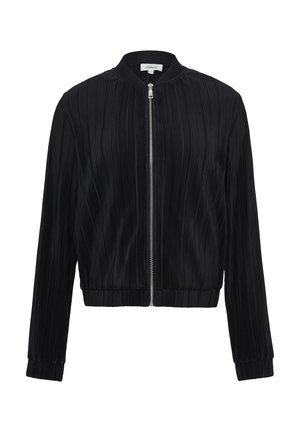 Veste bomber noire en tissu plissé, avec une fermeture éclair à l'avant, des poignets côtelés et un col rond. Design simple et élégant.