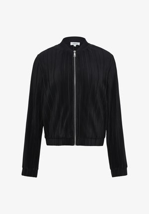 Schwarze Bomberjacke aus gefaltetem Stoff, mit einem Reißverschluss vorne, gerippten Bündchen und einem Rundhalsausschnitt. Einfaches und elegantes Design.