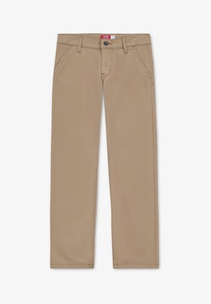 Beige cotton chinos with a straight-leg design, featuring front pockets, a button closure, and subtle stitching details.