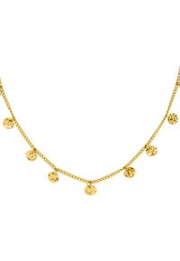 Eine goldfarbene Kettenhalskette mit mehreren runden, strukturierten Scheiben, die gleichmäßig entlang der Kette verteilt sind.