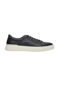 Czarne skórzane sneakersy z okrągłym noskiem, sznurowanym przodem i teksturowaną powierzchnią. Posiadają kremową gumową podeszwę i mały akcent z logo.