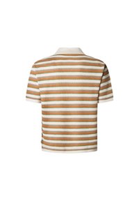 Striped polo shirt in beige, orange, and green. Short sleeves, ribbed collar and cuffs, textured fabric, and straight hem.