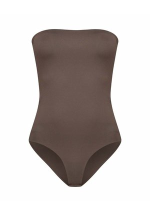 Bandeaulichaam badpak in effen donkerbruin met een glad, naadloos ontwerp en hoge beenopeningen.