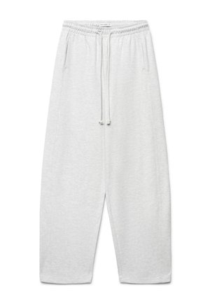 Pantaloni della tuta grigio chiaro con coulisse, vita elastica e tasche laterali, mostrati stesi su sfondo bianco.