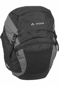 Zaino nero e grigio con una finitura testurizzata, multiple tasche con zip e spallacci regolabili. Presenta il logo Vaude sulla parte anteriore.