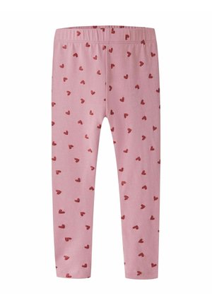 Leggings roses pour enfants avec une taille élastique, décorés de petits motifs de cœurs rouges partout.