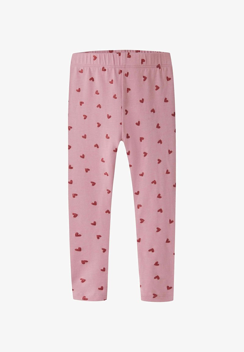 Leggings roses pour enfants avec une taille élastique, décorés de petits motifs de cœurs rouges partout.