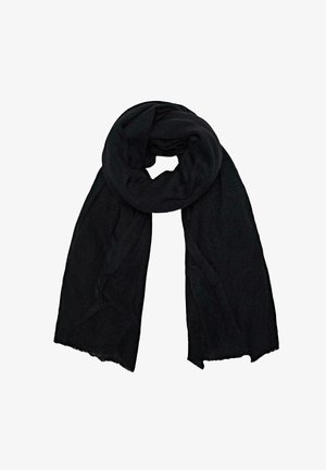 Sciarpa nera, morbida, in tessuto intrecciato, forma rettangolare, bordi frangiati, texture leggera. Adatta per essere sovrapposta o per un look casual.