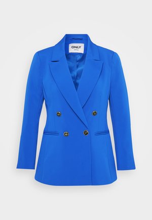 Dubbel-delig blauwe blazer van gladde stof. Heeft brede revers, gouden knopen en gestructureerde schouders. Geen zichtbare patronen.
