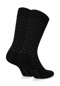 Czarne skarpetki z wzorem w romby w różnych odcieniach szarości. Gładka tekstura, długość do kostki oraz wzmocniony pięta z widocznym napisem marki.