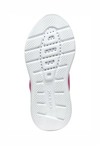 Semelle en caoutchouc blanche avec des rainures et des perforations, dotée d'une partie supérieure rose. Logo imprimé et détails en vernis visibles.