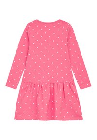 Langärmliges Kleid aus pinkem Baumwollstoff mit weißen Punkten, ausgestattet mit einem gerafften Rock für eine schwingende Silhouette und einem runden Ausschnitt.