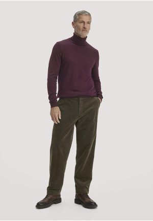 Mann mit grauen Haaren, der einen lila Rollkragenpullover, dunkelgrüne Hose und braune Lederschuhe trägt, steht mit einer Hand in der Tasche.