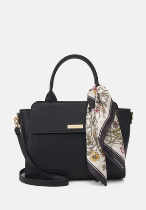 Sac à main structuré noir avec poignées supérieures, bandoulière amovible et foulard à motif floral noué à une poignée.
