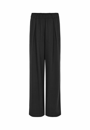 Schwarze Schlaghosen aus weichem Stoff, mit einem elastischen Bund und vorderen Falten für zusätzliche Details. Glatte Textur und minimalistisches Design.