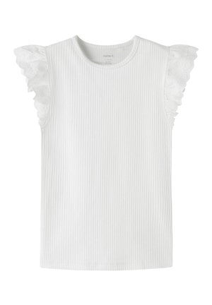 Witte geribbelde mouwloze top met ronde hals en kanten ruches op de schouders.