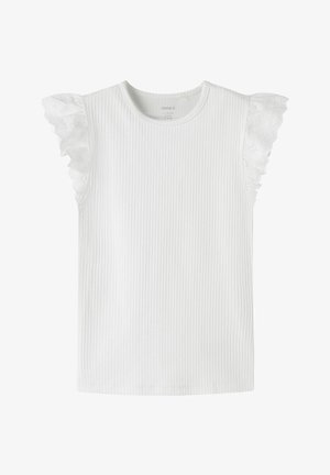 Άσπρο ριμπ αμάνικο τοπ με στρογγυλή λαιμόκοψη και λεπτομέρειες από δαντέλα σε βολάν στους ώμους.