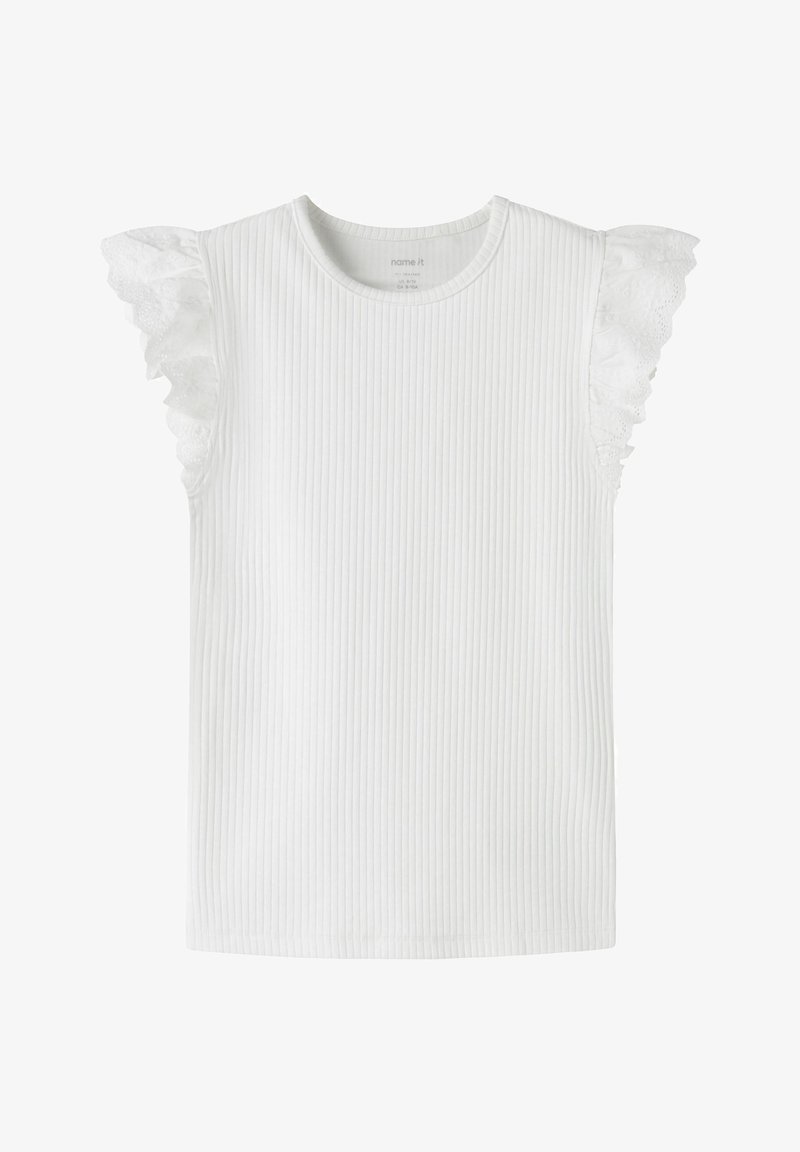 Άσπρο ριμπ αμάνικο τοπ με στρογγυλή λαιμόκοψη και λεπτομέρειες από δαντέλα σε βολάν στους ώμους.