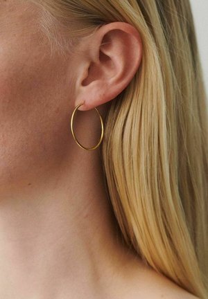 Persoană blondă cu piele deschisă purtând o cercel subțire din aur la urechea stângă, vizibilă pe un fundal neutru.