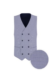 Niebieska i biała kamizelka w kratę z dekoltem w kształcie litery V, podwójnym zapięciem, pięcioma guzikami i dwiema bocznymi kieszeniami. Zawiera pasującą próbkę wzoru w ząb rybiego.