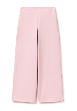 Pantalones anchos de mujer de color rosa claro con cintura alta y tela suave, colocados planos sobre un fondo blanco.