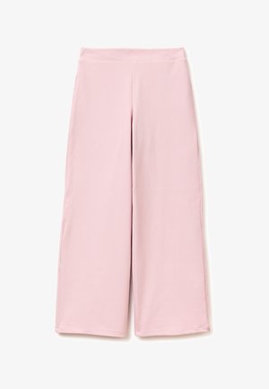 Damen leichte hellrosa Hose mit weitem Bein, hoher Taille und glattem Stoff, flach auf weißem Hintergrund ausgelegt.