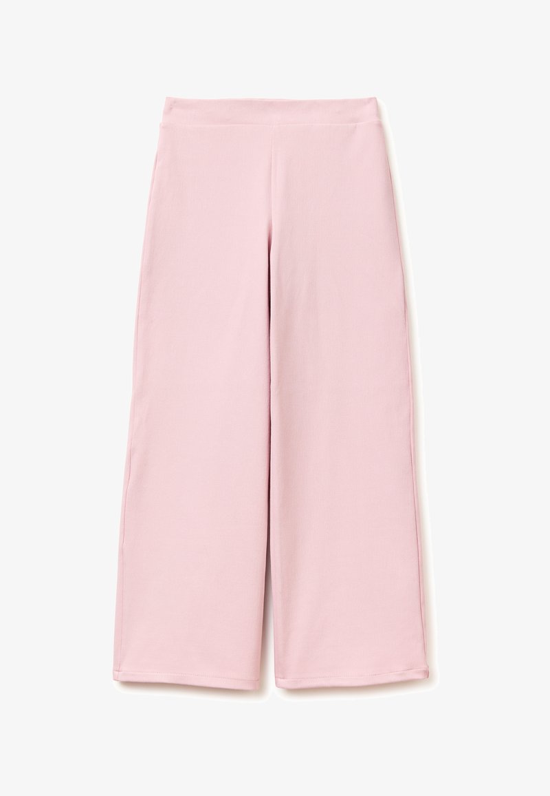 Pantalon large rose clair pour femme, taille haute et tissu lisse, posé à plat sur un fond blanc.