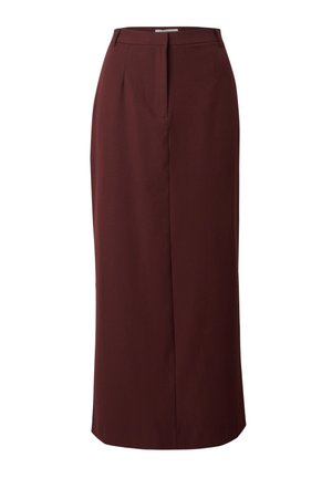 Bordeaux maxi rok van gladde stof, met een hoge taille, voorplooien en een rechte silhouet zonder zichtbare sluitingen.