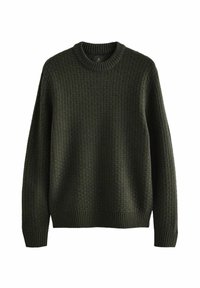 Green knitted sweater with a textured, ribbed design, round neckline, and long sleeves. Features a fitted hem and cuffs.