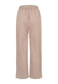 Pantalon large en lin beige avec une taille haute élastique et de larges jambes, vu de dos sur fond blanc.