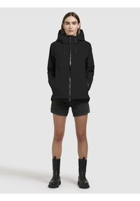 Zwarte hoodie met een rits aan de voorkant, twee zijzakken en een ontspannen pasvorm. Bevat verstelbare trekkoorden rond de capuchon.