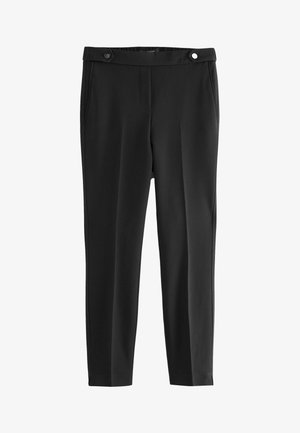 Pantaloni neri su misura realizzati in tessuto morbido, con una parte anteriore piatta, due tasche laterali e due dettagli con bottoni in vita.