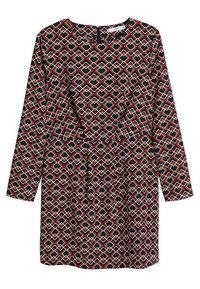 Sukienka z długim rękawem w geometryczny wzór w kolorze czerwonym, czarnym i białym. Posiada okrągły dekolt oraz detal szwów w talii.
