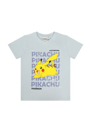 Light blue t-shirt with a jumping Pikachu graphic, repeating "PIKACHU" text, lightning accents, and the words "ELECTRIFYING" and "POKÉMON."