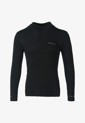 Black long-sleeve athletic shirt featuring a half-zip neck, textured fabric, reflective accents on sleeves, and a fitted design.