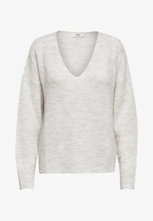 Gai pelēks v-veida džemperis ar garām piedurknēm, ribotu apakšmalu un maigu tekstūru. Tam ir brīvs piegriezums un minimālistisks dizains.