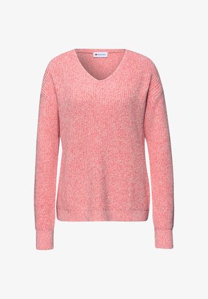 Růžový a bílý pletený svetr s dlouhými rukávy, výstřihem do V a žebrovanými manžetami a lemem, vyrobený z husté texturované látky.