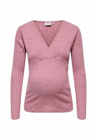 Lange mouwen zwangerschapstop van zachte, geribbelde roze stof. Kenmerkt een V-halslijn en een getailleerde taille voor comfort en stijl tijdens de zwangerschap.