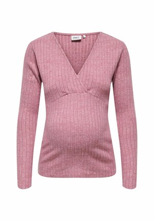 Long-sleeve maternity top in soft, ribbed pink fabric. Features a V-neck and a fitted waist for comfort and style during pregnancy.