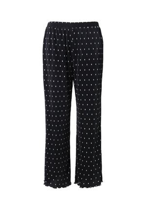 Schwarze weite Hosen mit weißen Polka-Dots, elastischem Bund und strukturiertem Stoff. Der Saum hat eine gerüschte Kante für zusätzlichen Detailreichtum.