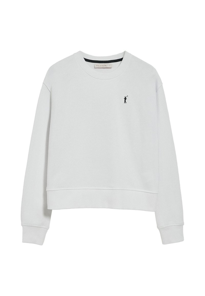 White sweatshirt with a crew neck, long sleeves, and ribbed cuffs, featuring a small black logo on the left chest. Soft fabric texture.