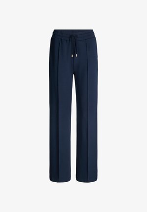Navy blue wide-leg pants with an elastic waistband and drawstring, featuring front seams and a relaxed fit.
