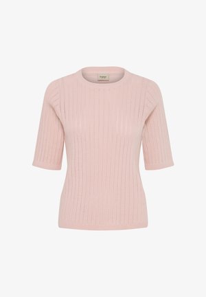 Svetlo roza kratka majica z džepnim vzorcem navpičnih luknjic in okroglim izrezom, oprijetega kroja.