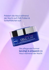 NIVEA CELLULAR Expert Filler cream in blue jar with silver lid. Text on jar highlights anti-aging and skin calming properties.