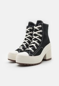 Scarpe alte nere con lacci bianchi, punta in gomma, tacco spesso beige e suola testurizzata. Presentano cuciture bianche a contrasto.